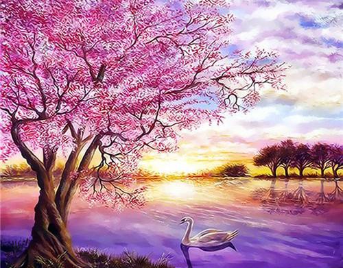 Pink Tree and Swan on the Lake Paint by Numbers