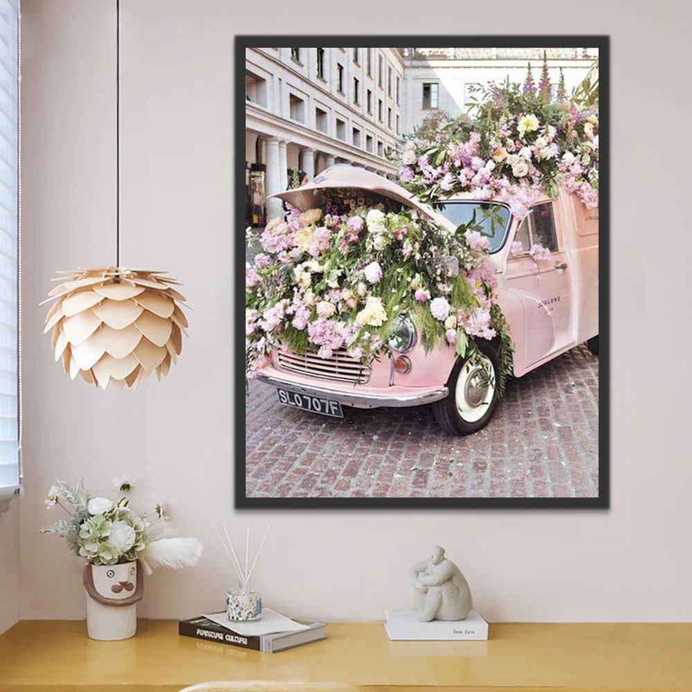 Pink Truck Filled with Flowers Paint by Numbers