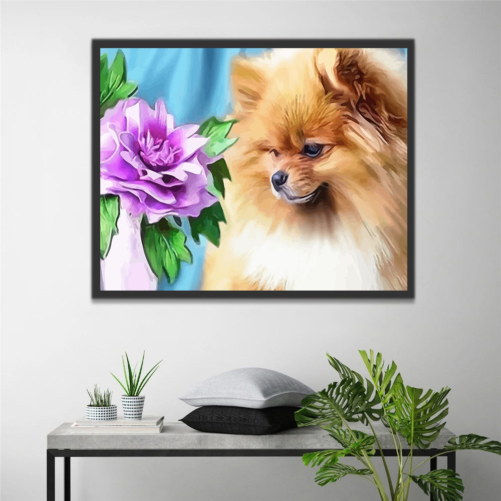 Pomeranian Dog and Purple Flower Paint by Numbers