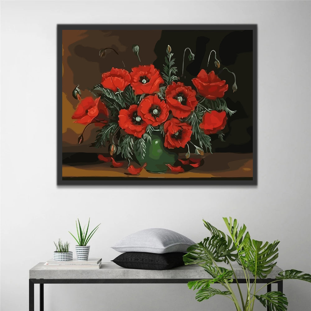 Poppies Bouquet in Green Vase Paint by Numbers