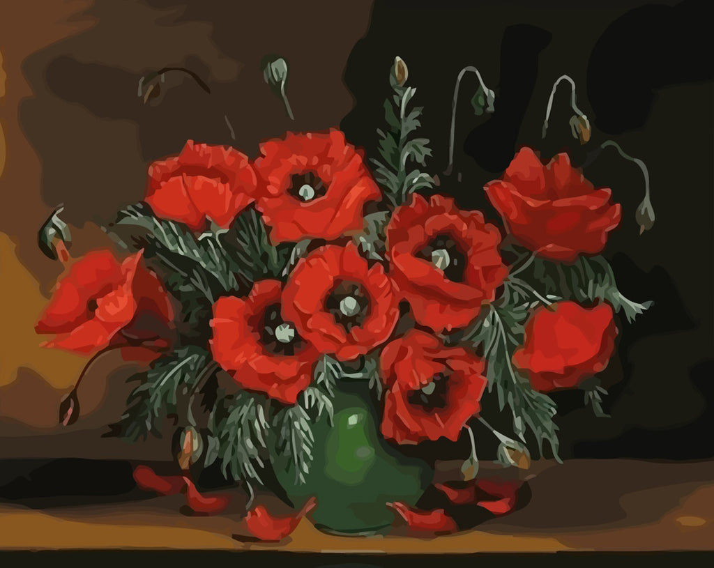 Poppies Bouquet in Green Vase Paint by Numbers