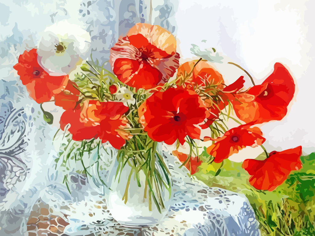 Poppies in Glass Bottle Paint by Numbers