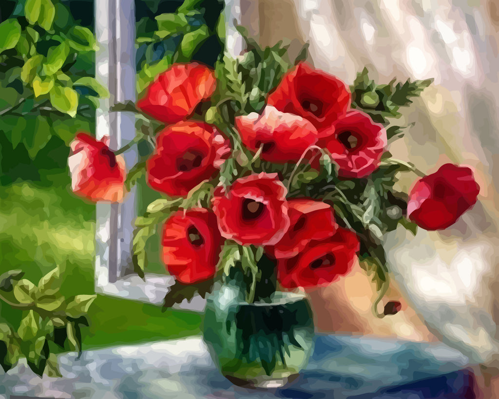 Poppies in Glass Vase by the Window Paint by Numbers