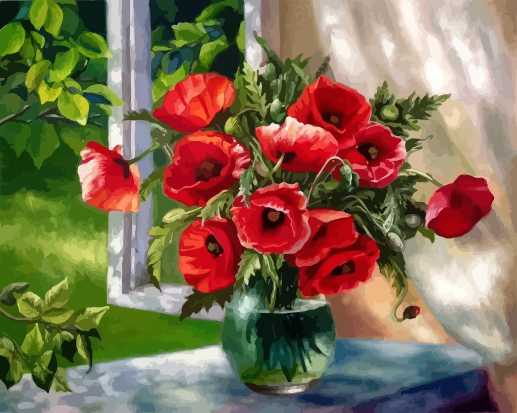 Poppies in Glass Vase Paint by Numbers