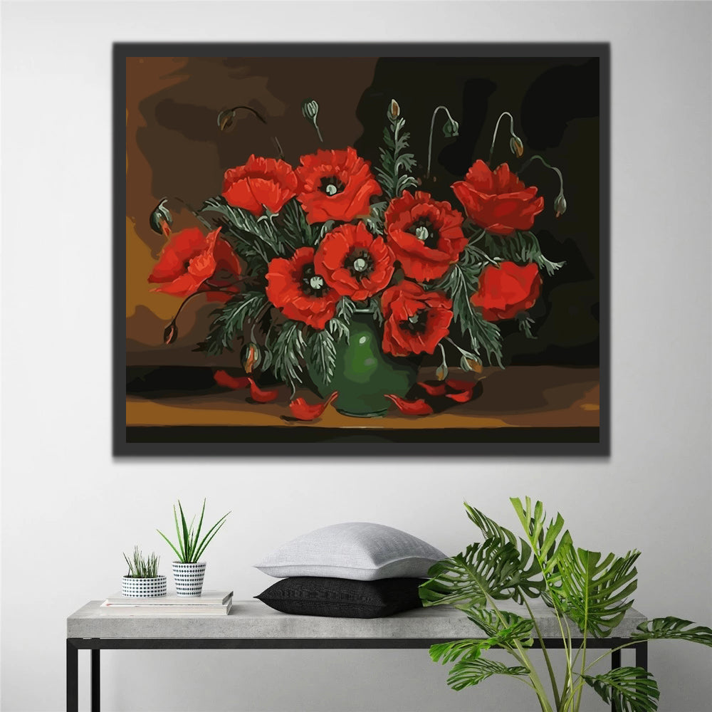 Poppies in Green Vase Paint by Numbers