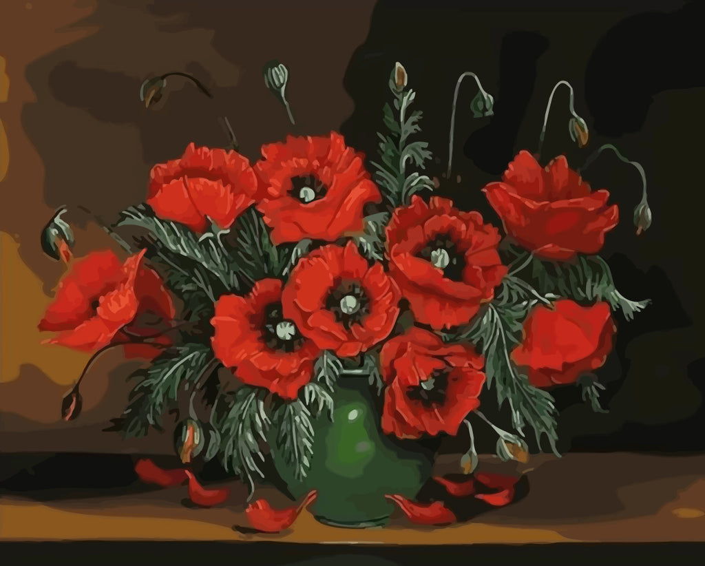 Poppies in Green Vase Paint by Numbers