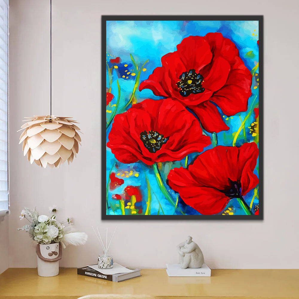 Poppies on Blue Background Paint by Numbers