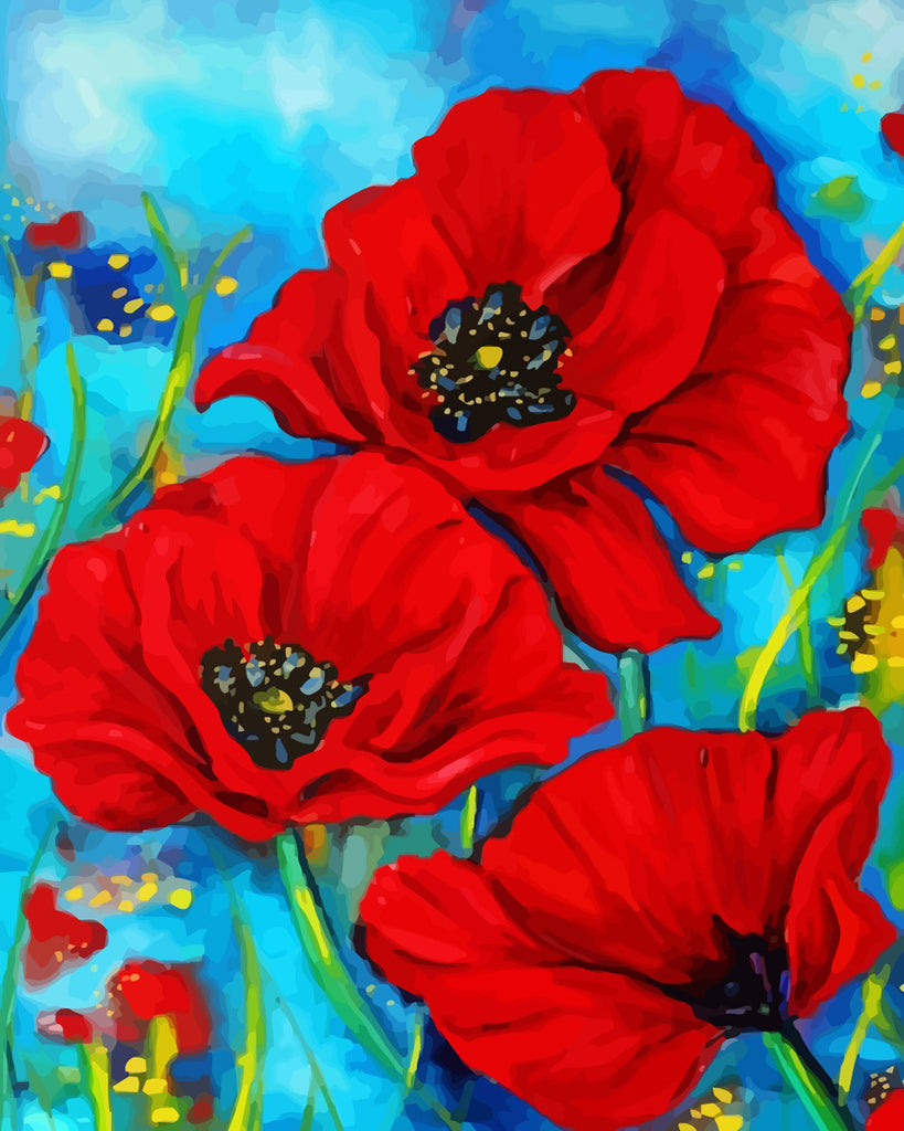 Poppies on Blue Background Paint by Numbers