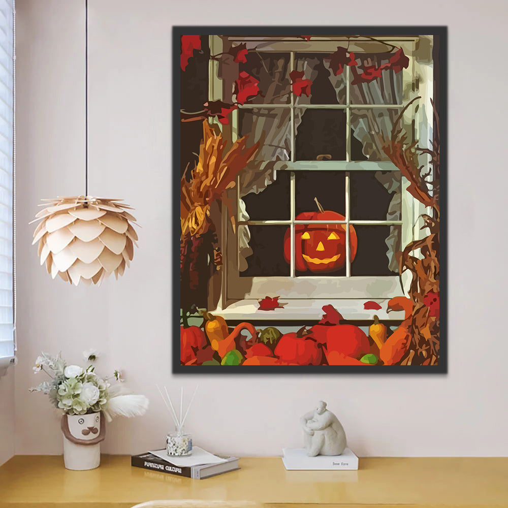 Pumpkin Lamp in the Window Paint by Numbers