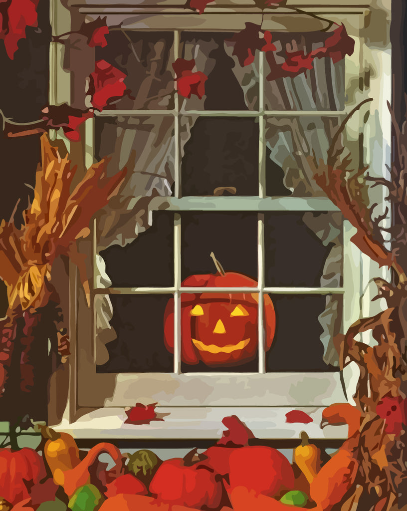 Pumpkin Lamp in the Window Paint by Numbers