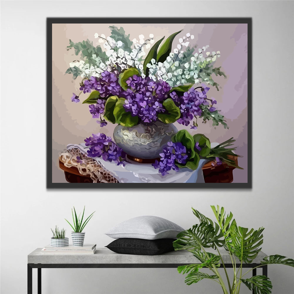 Purple and White Flowers in Vintage Vase Paint by Numbers