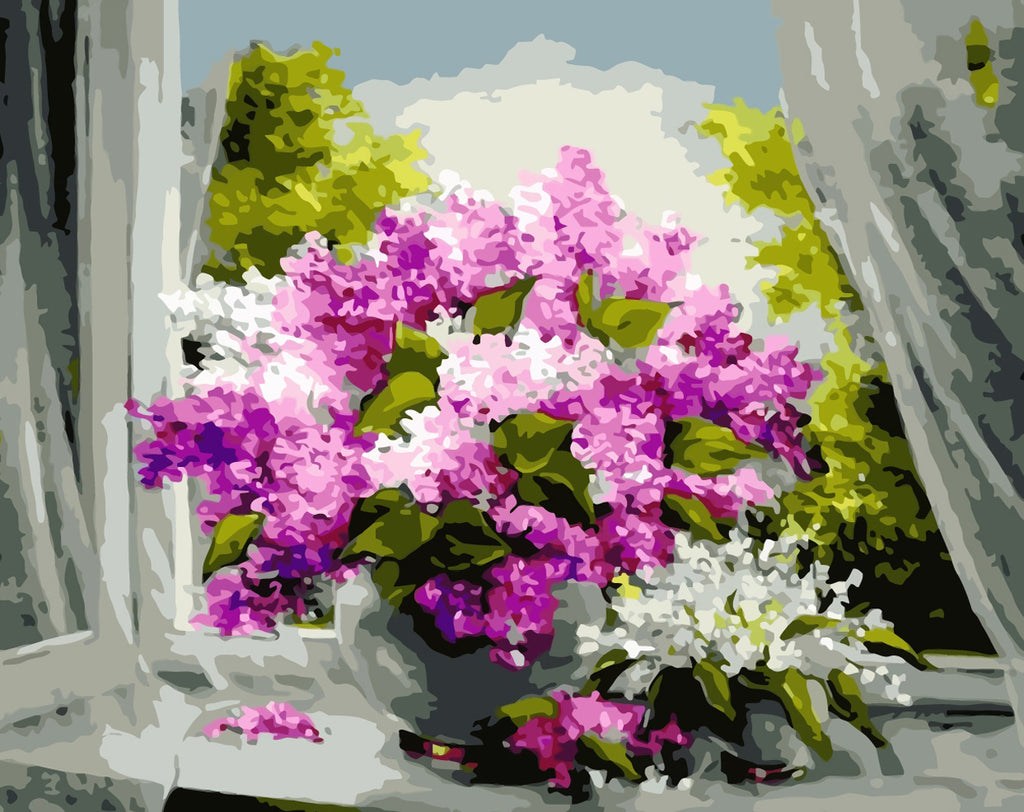 Purple and White Flowers on Windowsill Paint by Numbers