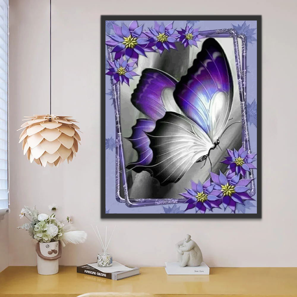 Purple Butterfly and Flowers Paint by Numbers