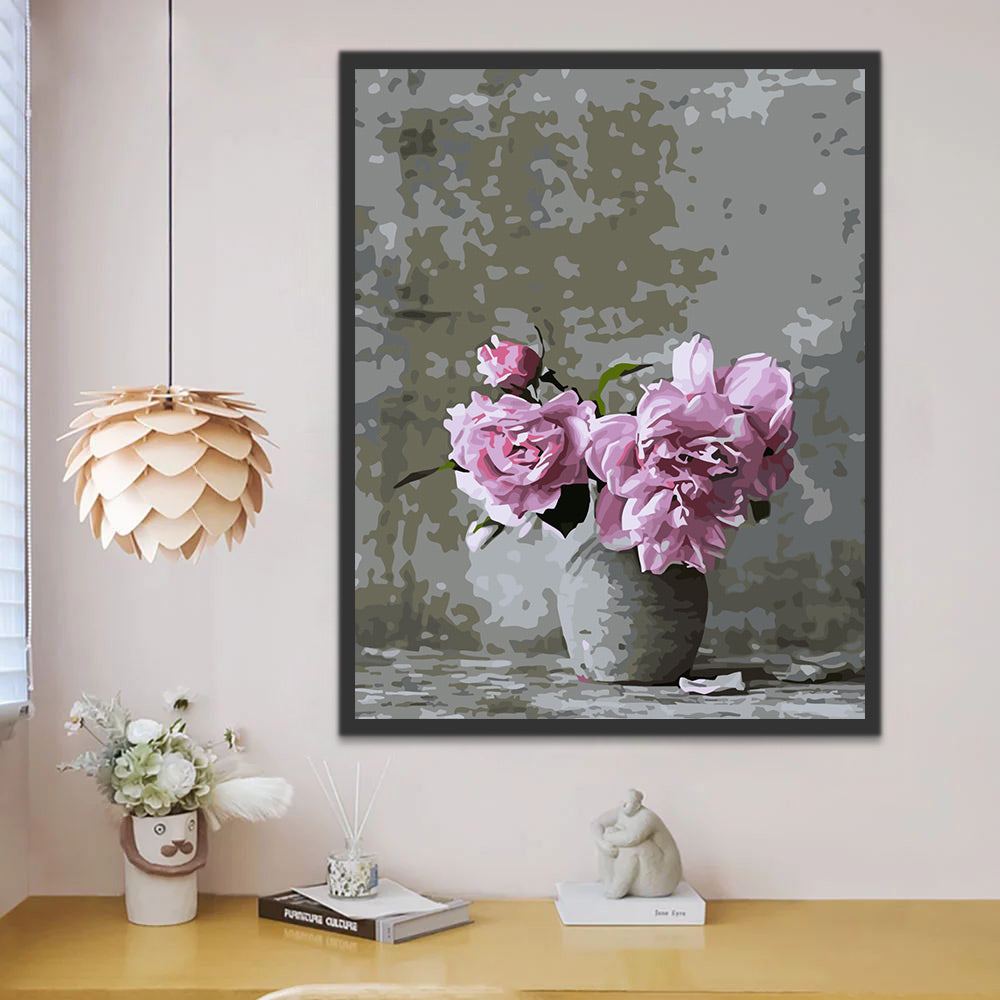 Purple Roses in Gray Vase Paint by Numbers