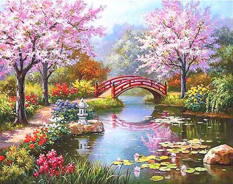 Red Bridge, Lake and Flowery Trees Paint by Numbers