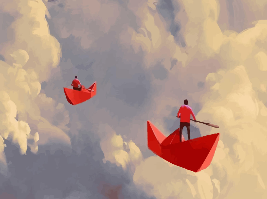 Red Paper Boats in the Clouds Paint by Numbers