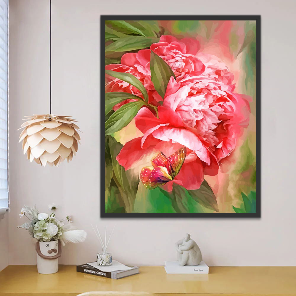 Red Peonies and Butterfly Paint by Numbers