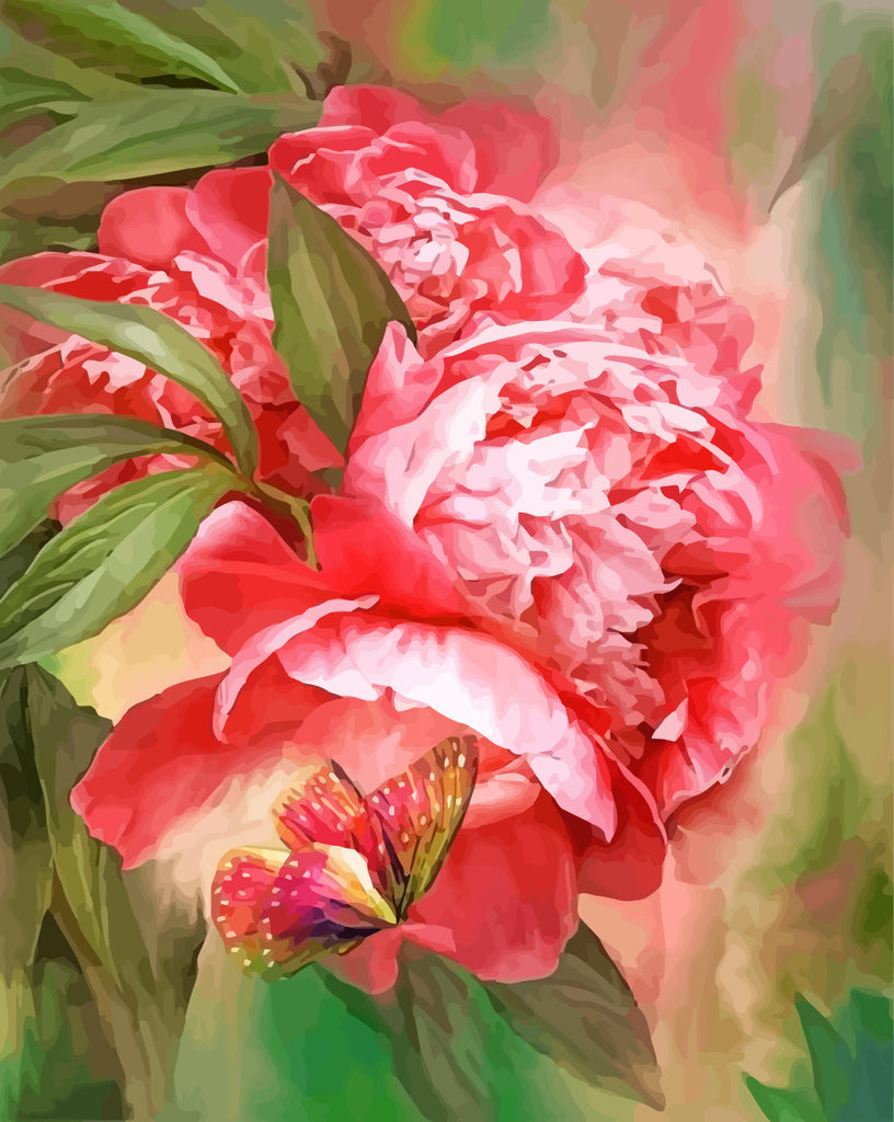 Red Peonies and Butterfly Paint by Numbers