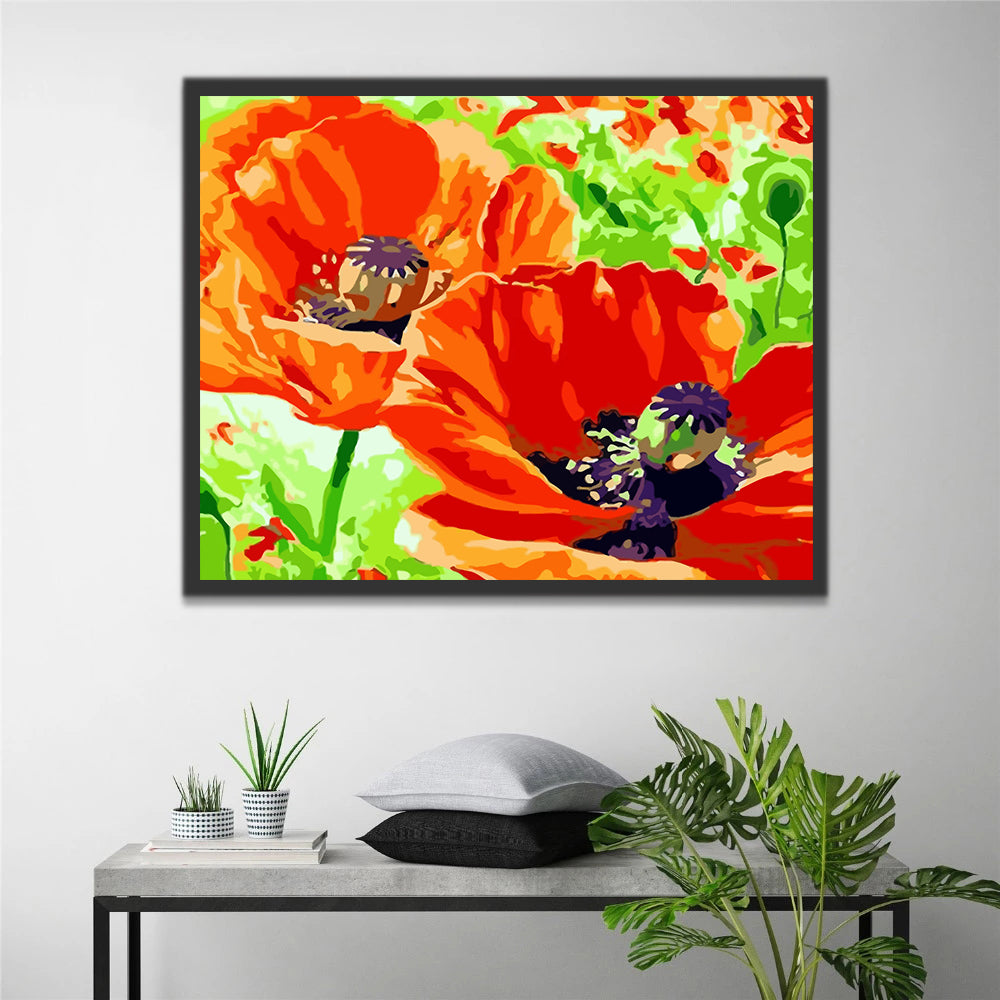 Red Poppies and Green Leaves Paint by Numbers