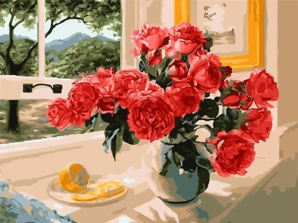 Red Roses by the Window Paint by Numbers