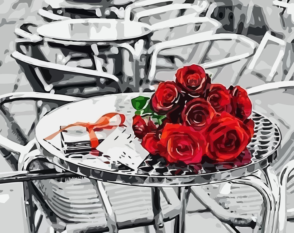 Red Roses on Table in Cafe Paint by Numbers