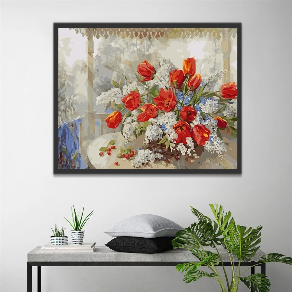 Red Tulips and White Gypsophila Paint by Numbers