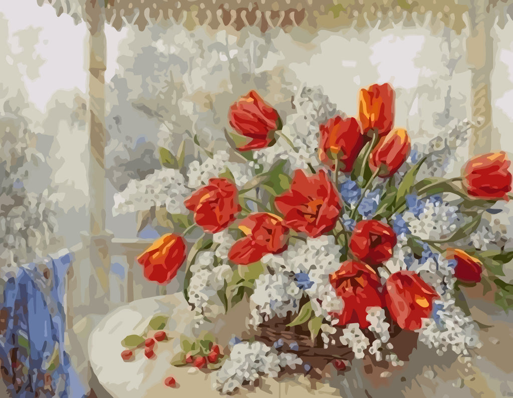 Red Tulips and White Gypsophila Paint by Numbers