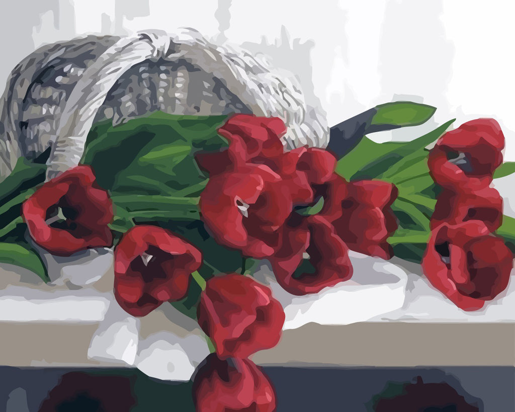 Red Tulips in Basket Paint by Numbers