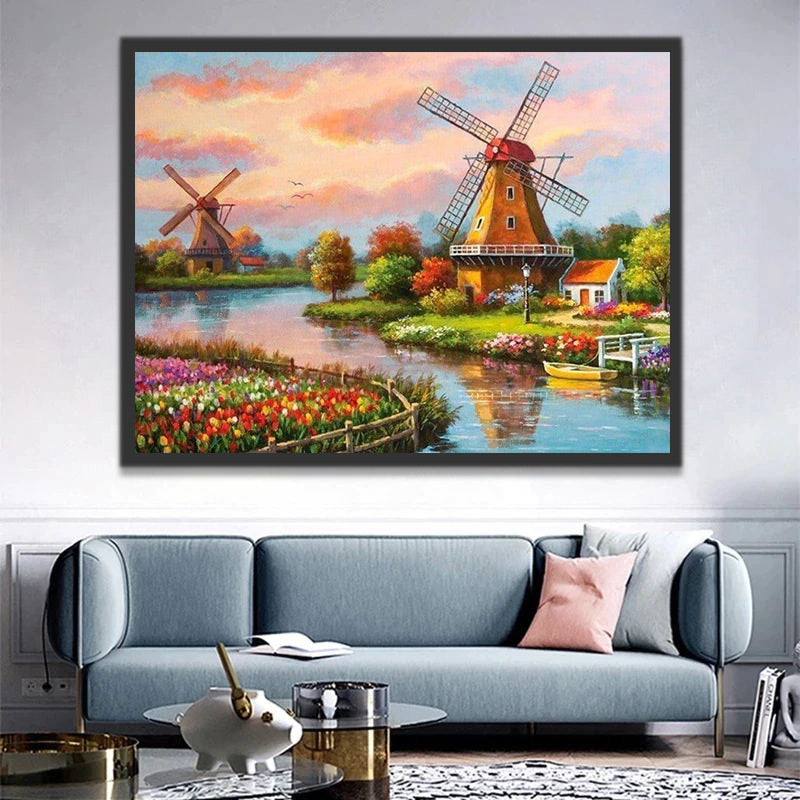 River, Tulips and Windmills Paint by Numbers