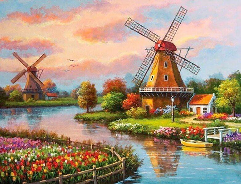 River, Tulips and Windmills Paint by Numbers