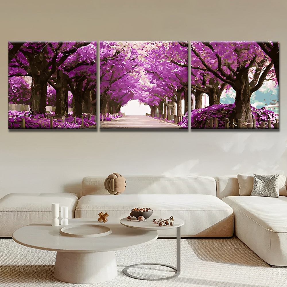 Road Surrounded by Purple Flower Trees 3 Pack Paint By Numbers