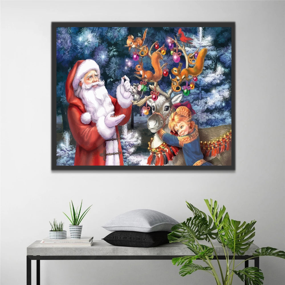 Santa, Elk and Little Girl Paint by Numbers