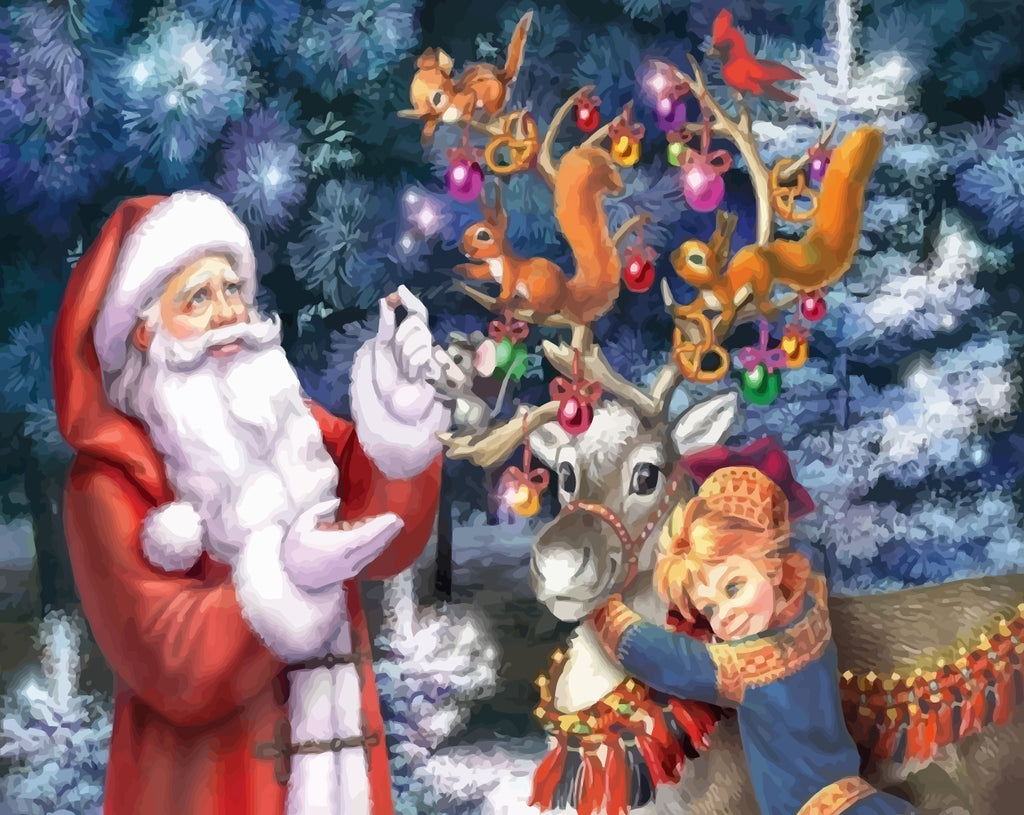 Santa, Elk and Little Girl Paint by Numbers