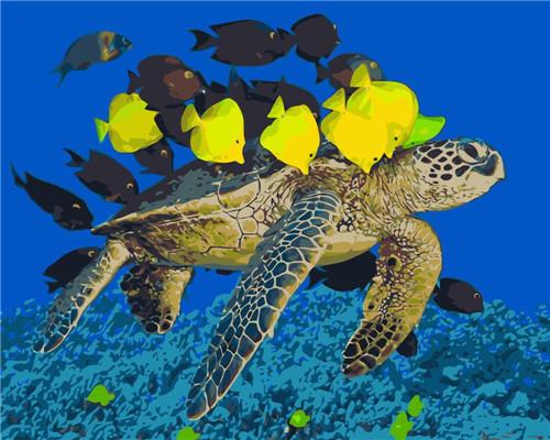 Sea Turtle and Yellow Fish Paint by Numbers