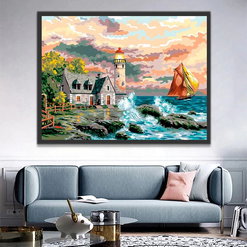 Seaside Lighthouse and Cottage Paint by Numbers