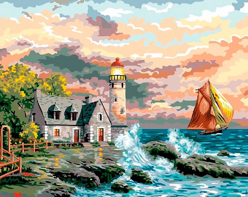 Seaside Lighthouse and Cottage Paint by Numbers