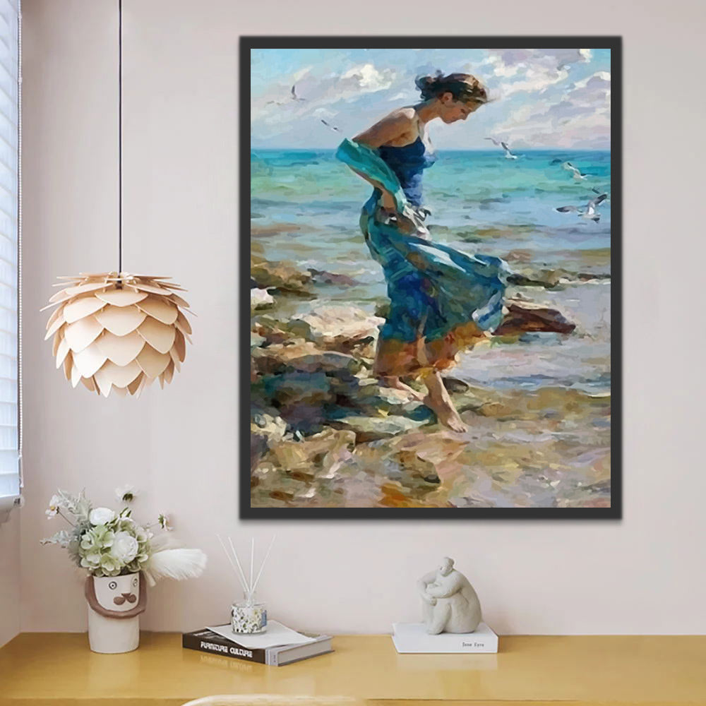 Seaside Woman in Blue Dress Paint by Numbers