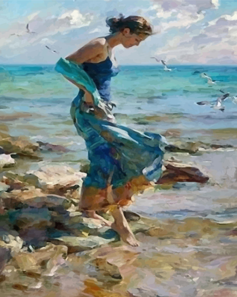 Seaside Woman in Blue Dress Paint by Numbers