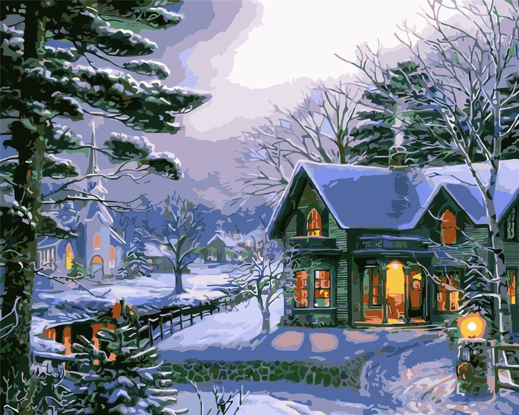 Small Town in Snow Paint by Numbers