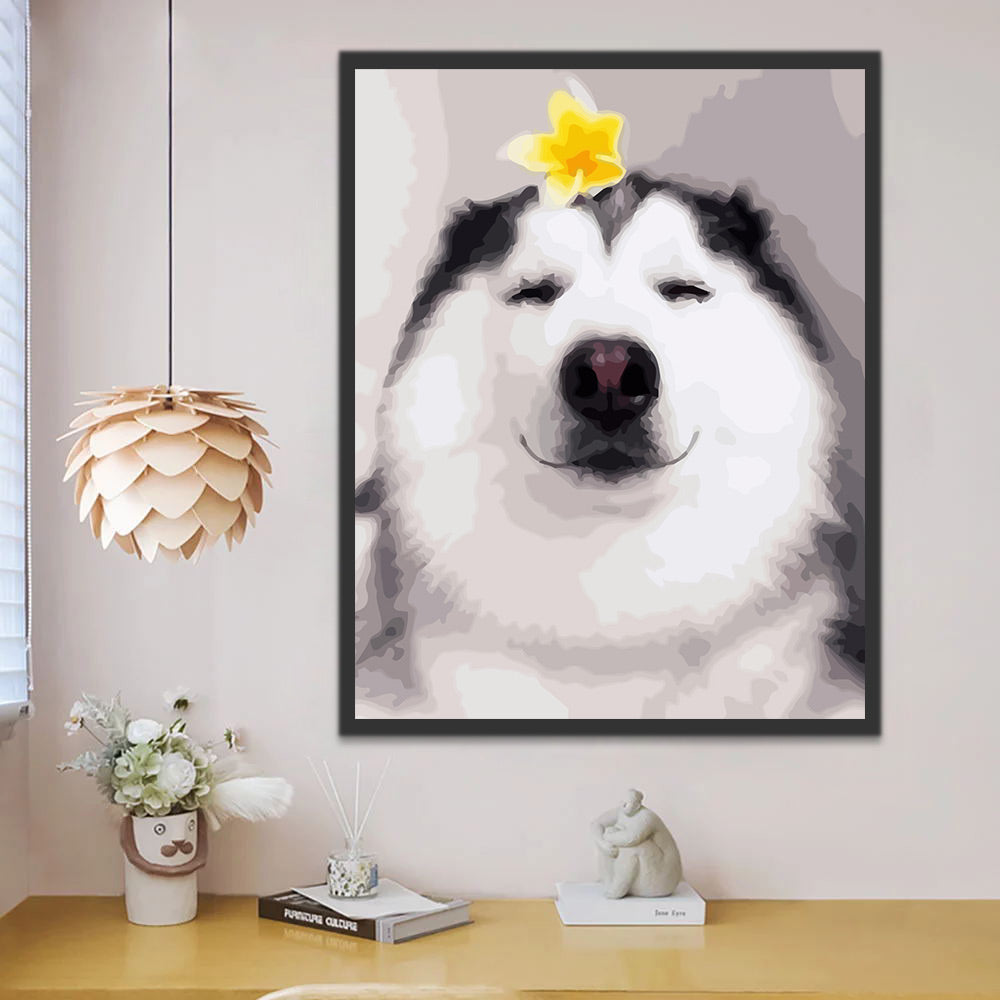 Smiling Dog with A Yellow Flower on Head Paint by Numbers