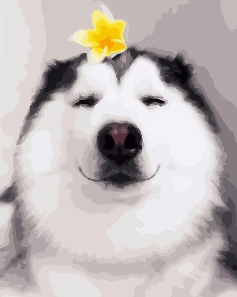 Smiling Dog with A Yellow Flower on Head Paint by Numbers