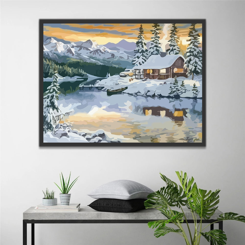 Snow-Covered Cottage by the Lake Paint by Numbers