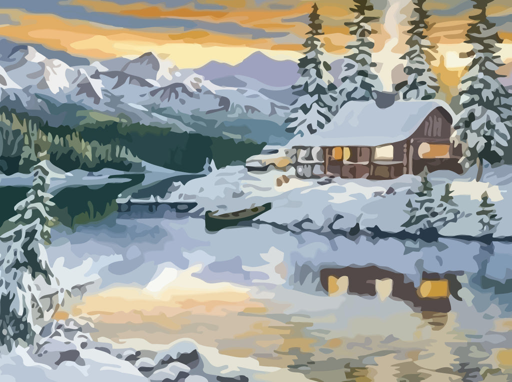 Snow-Covered Cottage by the Lake Paint by Numbers
