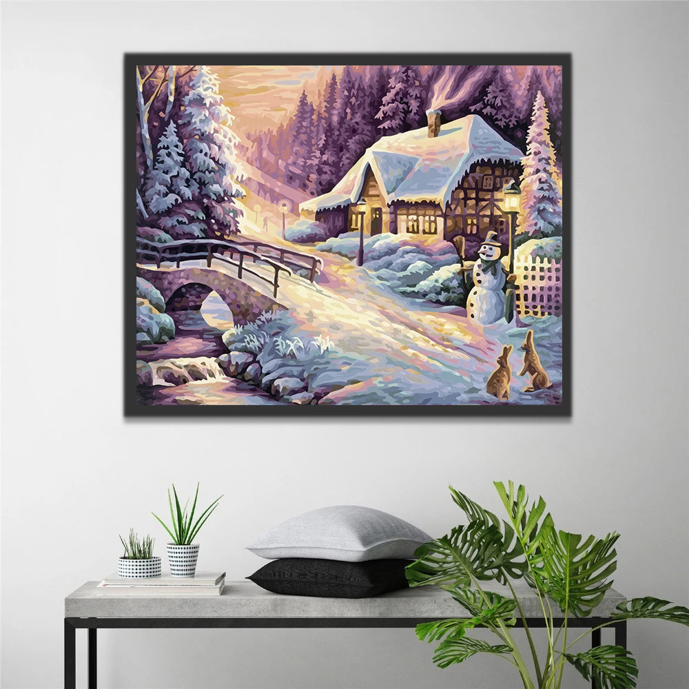 Snowman and Rabbits by the Cottage Paint by Numbers