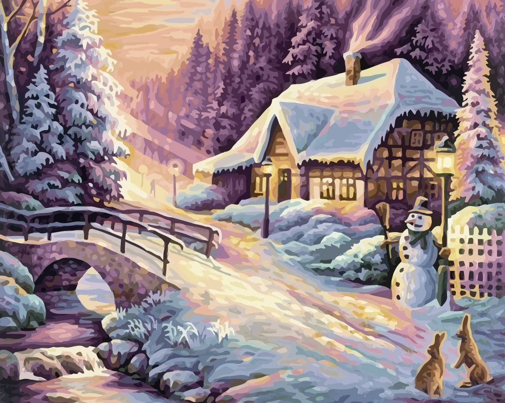 Snowman and Rabbits by the Cottage Paint by Numbers