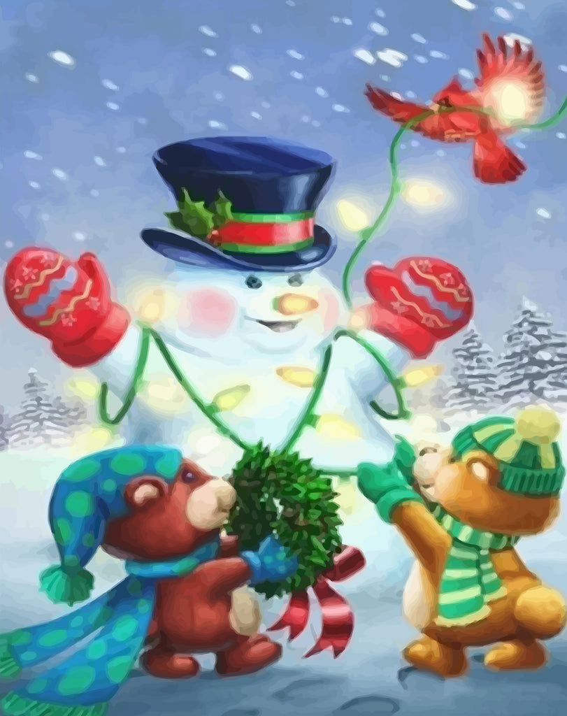 Snowman, Bird and Little Bears in the Snow Paint by Numbers