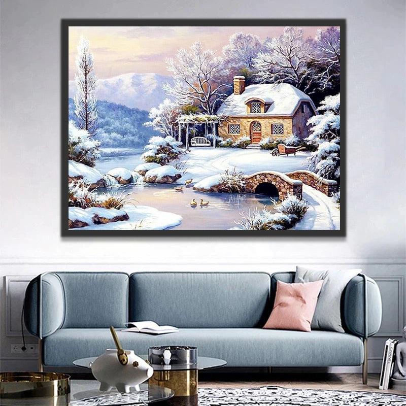 Snowy Cottage, Bridge and Lake Paint by Numbers