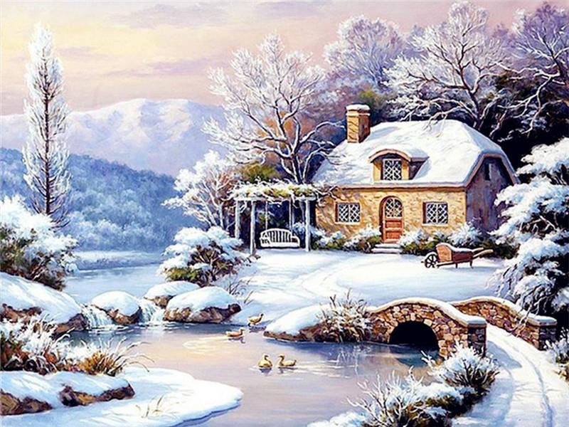 Snowy Cottage, Bridge and Lake Paint by Numbers