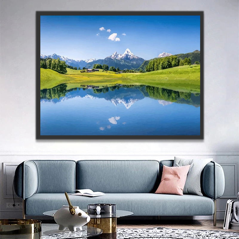 Snowy Mountain, Meadow and Lake Paint by Numbers