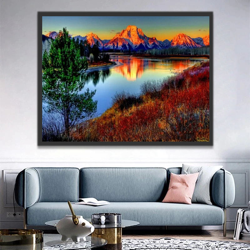 Snowy Mountains Sunset River Paint by Numbers